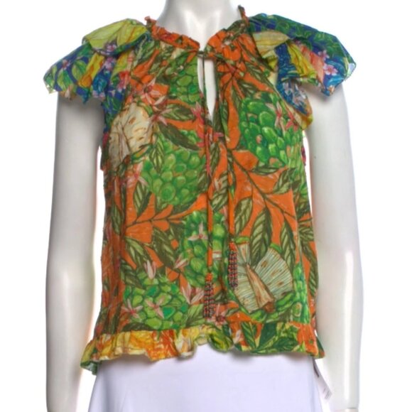 FARM Rio Caipirinha Tropical Floral Multi Ruffle Sleeve Blouse XS $159 - Picture 2 of 8